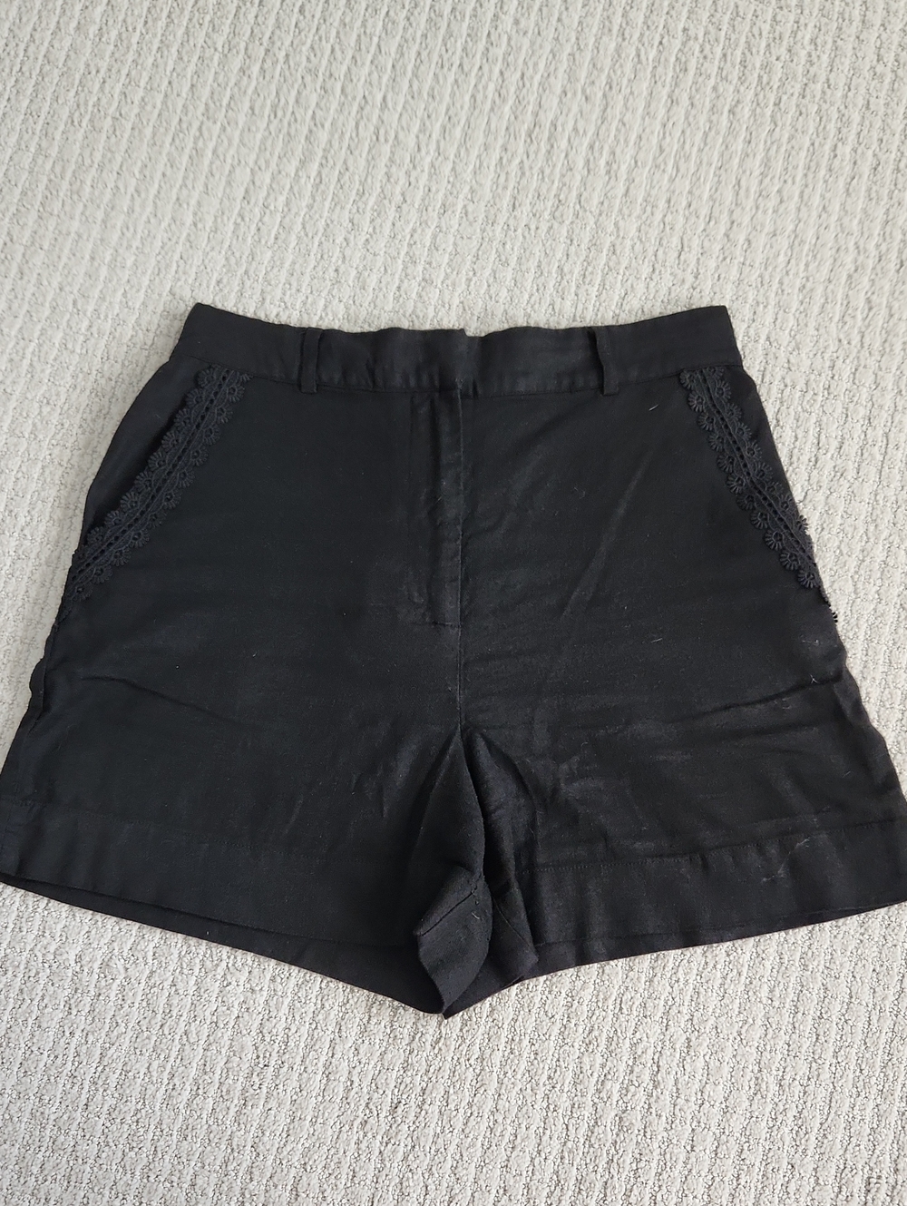 House Of Harlow Black Lace-Trim Linen Shorts
